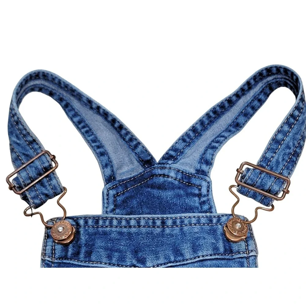 Jordache Girls 2T‎ Denim Bib Overalls Shorts Blue Jeans Rhinestone Buttons EUC